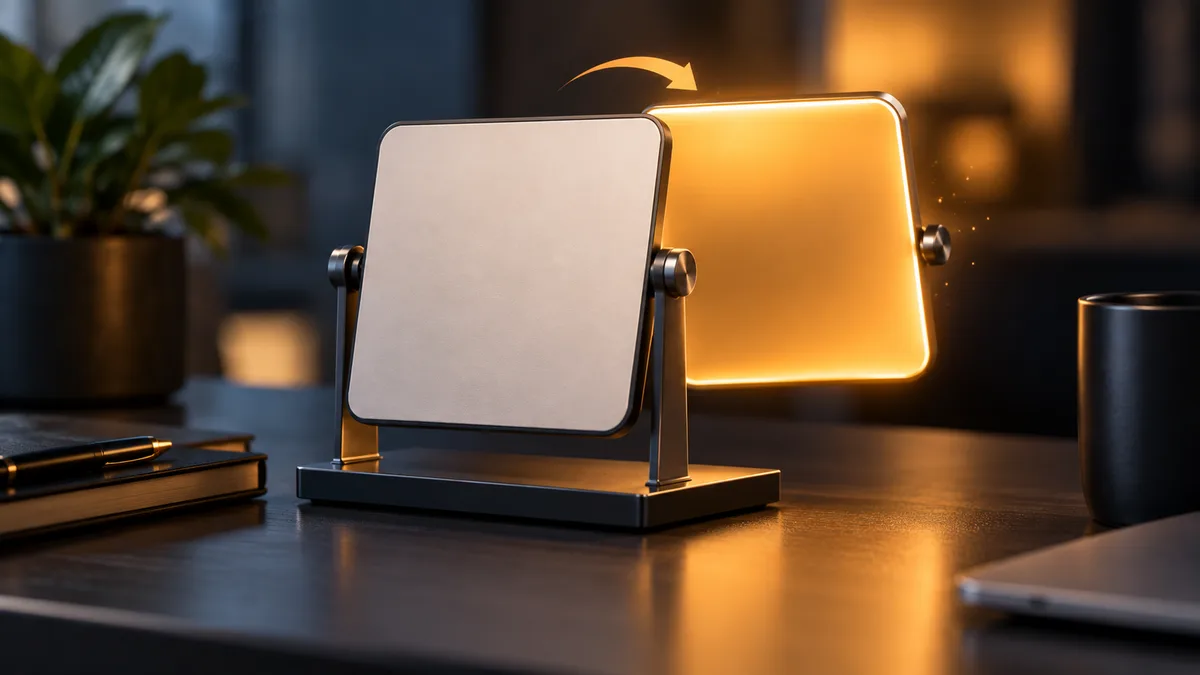 Dark 3D illustration of a desk flip sign turning over from a plain panel to a glowing amber panel, a symbol of the change of name.