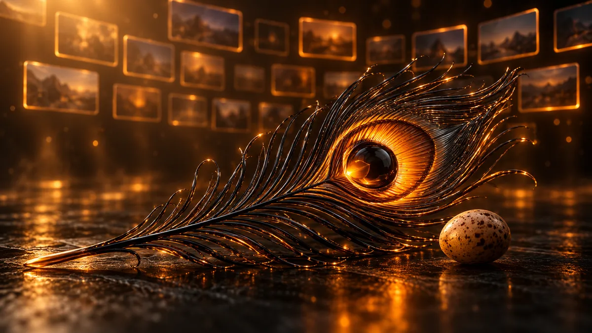 A glossy black glass peacock feather with a glowing amber eye lying next to a small speckled brown egg, with rows of glowing image thumbnails out of focus behind