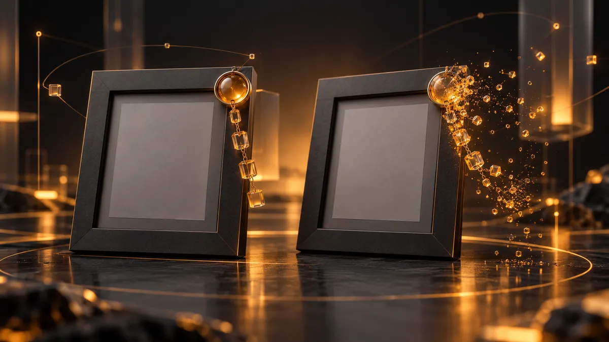 Two dark photo frames: one carries a glowing amber seal attached by a chain of translucent blocks, like a signed certificate, while the seal and chain of the second frame dissolve into floating amber particles.