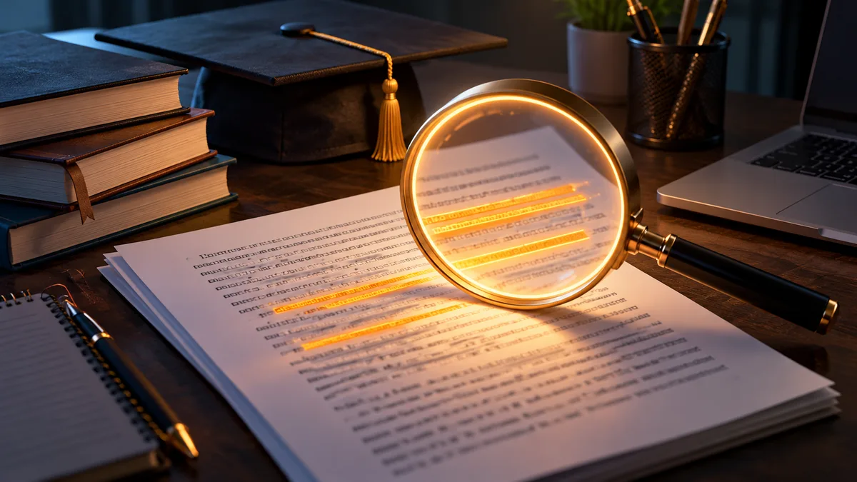 3D illustration of a student essay under a glowing magnifying glass with lines highlighted in amber, next to a graduation cap and books.