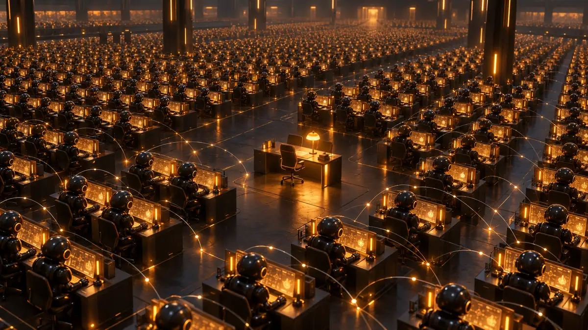 A vast dark hall seen from above where rows of identical black robot figurines sit at glowing amber screens, with one empty chair and a lit desk lamp in the middle