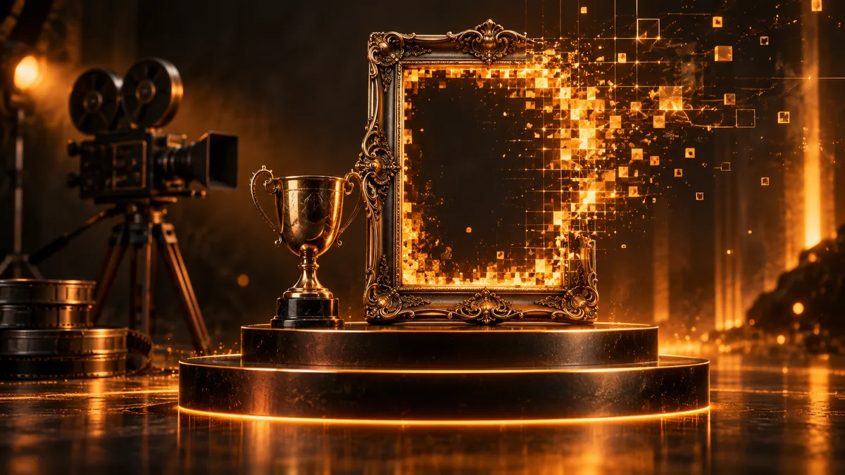 An ornate empty picture frame on a winner podium next to a trophy, its inside dissolving into glowing amber pixels, with an old film camera in the shadows