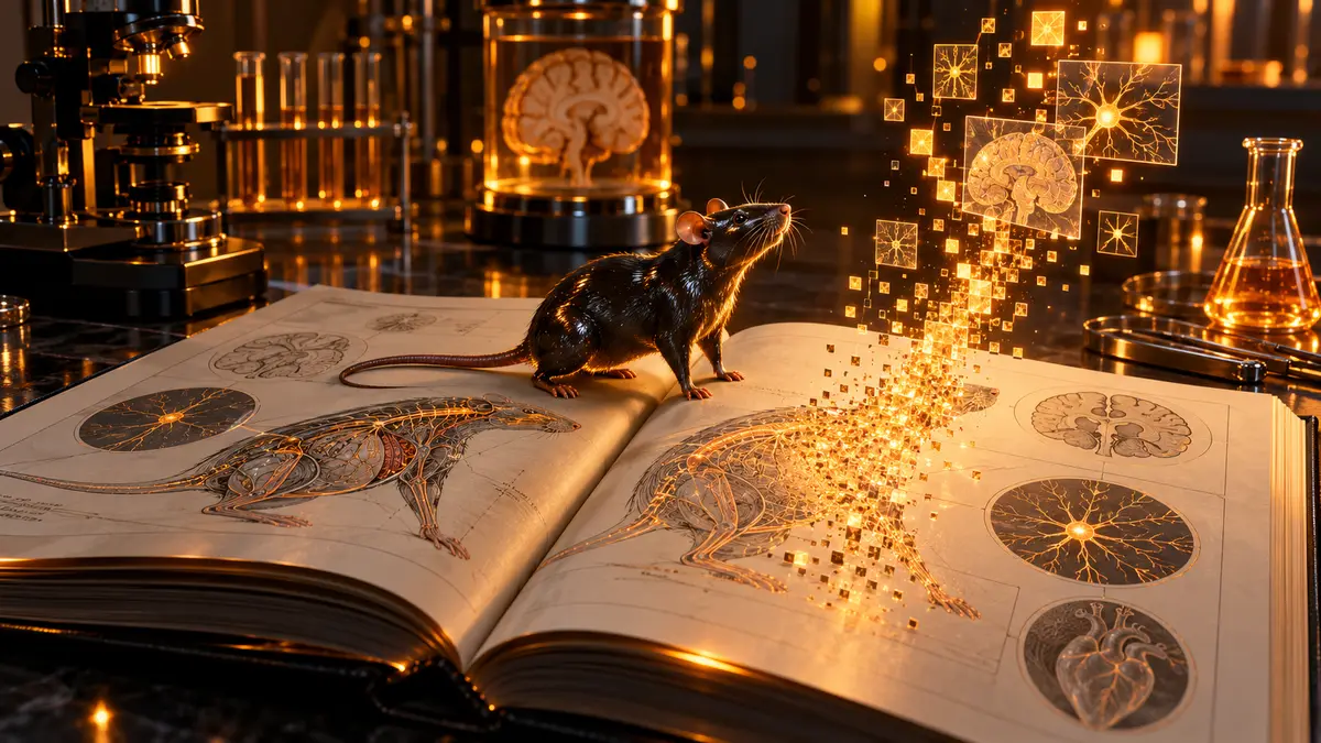 A small black lab rat figurine standing on an open anatomy book, the printed diagram dissolving into glowing amber pixels