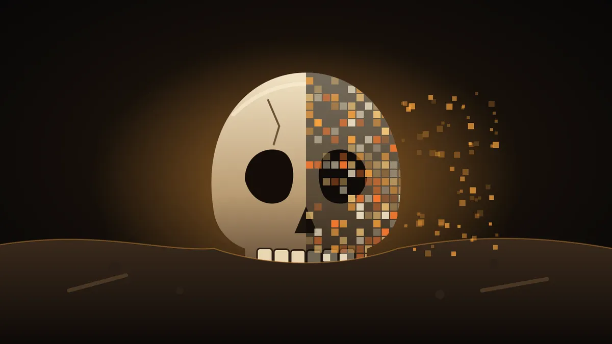 Giant skull half-buried in a dark excavation trench, its right half dissolving into glowing amber pixels
