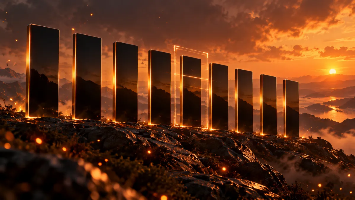 Nine tall glossy black panels standing on a rocky ridge at sunset, with glowing embers drifting around them and a thin scanning frame floating in front of one panel