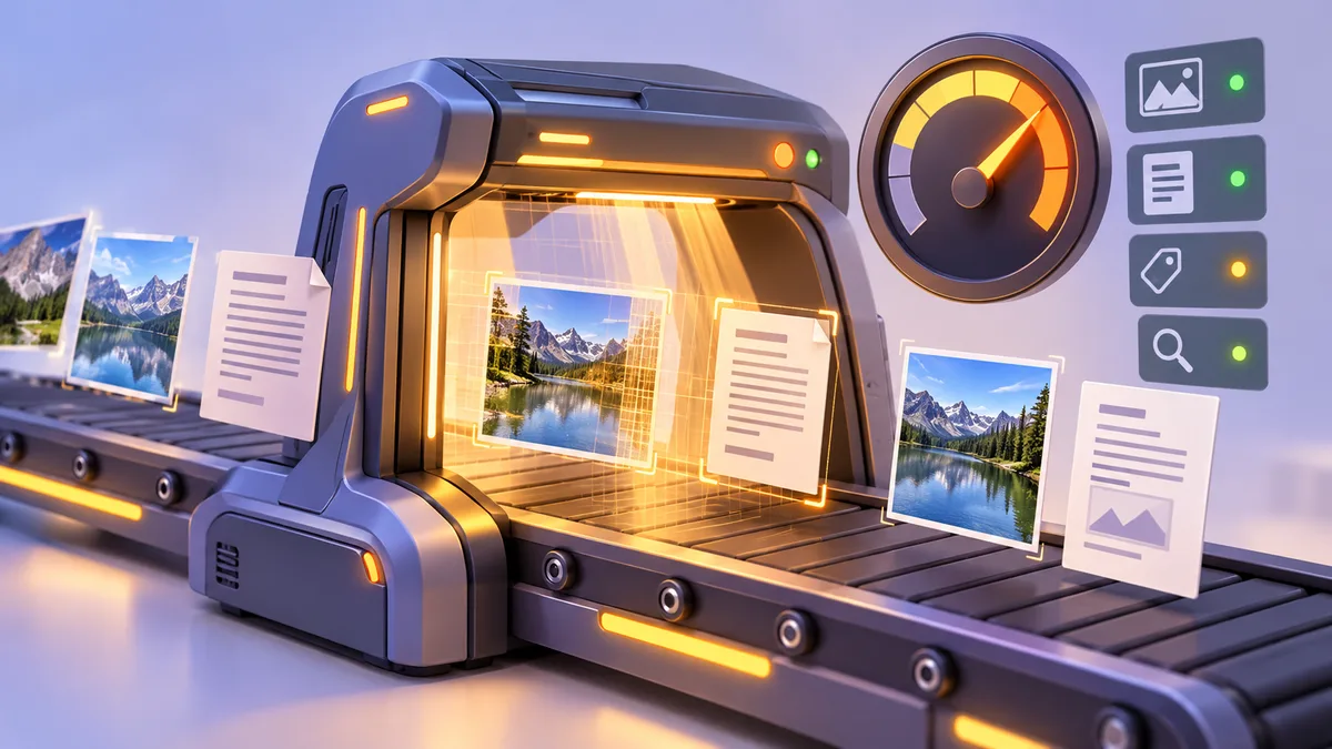 3D illustration of a scanner arch on a conveyor belt examining images and documents, with an amber gauge and glowing indicator lights.