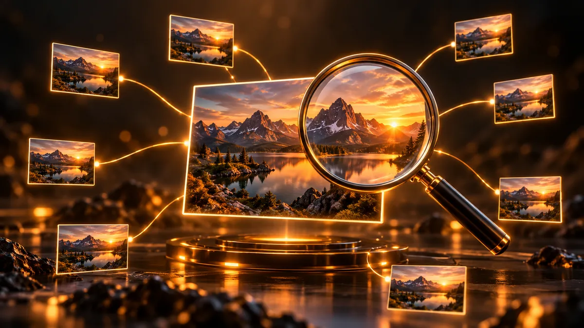 A mountain lake photo under a magnifying glass, with glowing lines linking it to many identical copies around it.