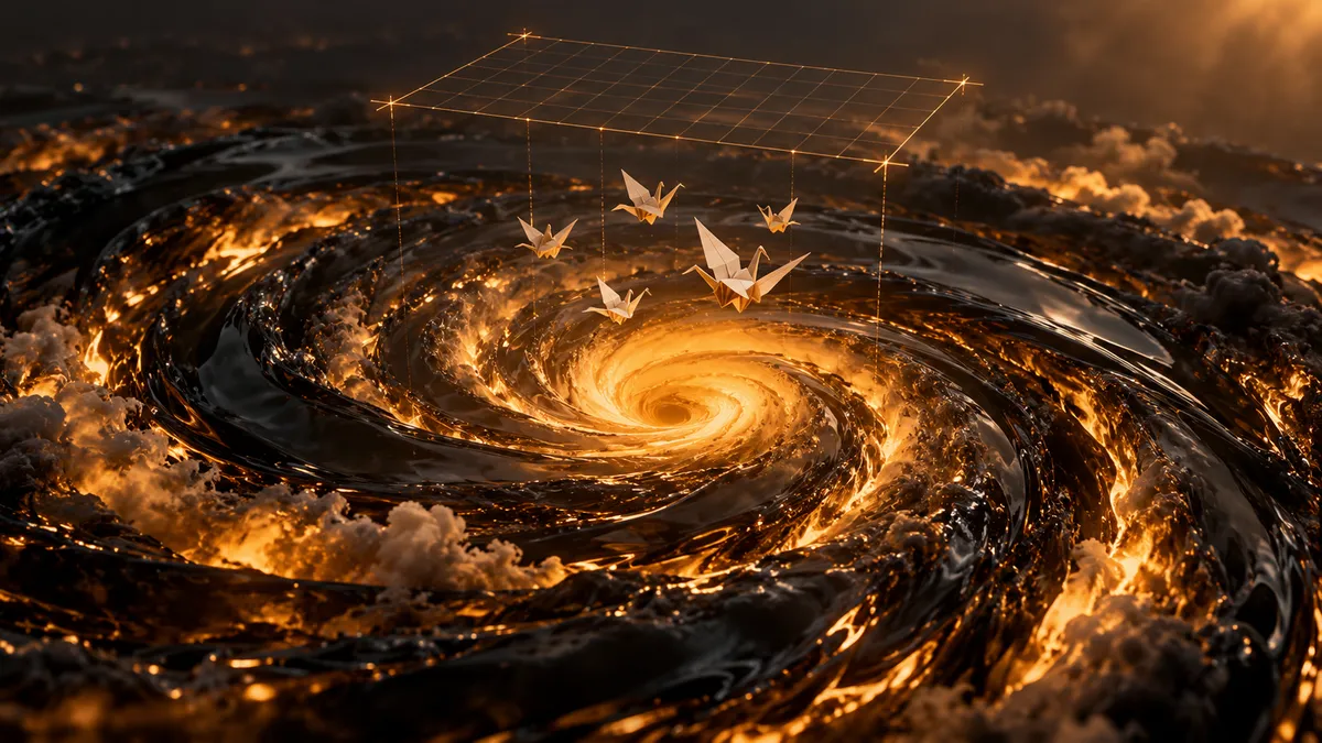 A hurricane spiral sculpted in glossy black glass seen from above, its eye glowing amber, with small origami paper birds suspended over the eye under a thin holographic measuring grid