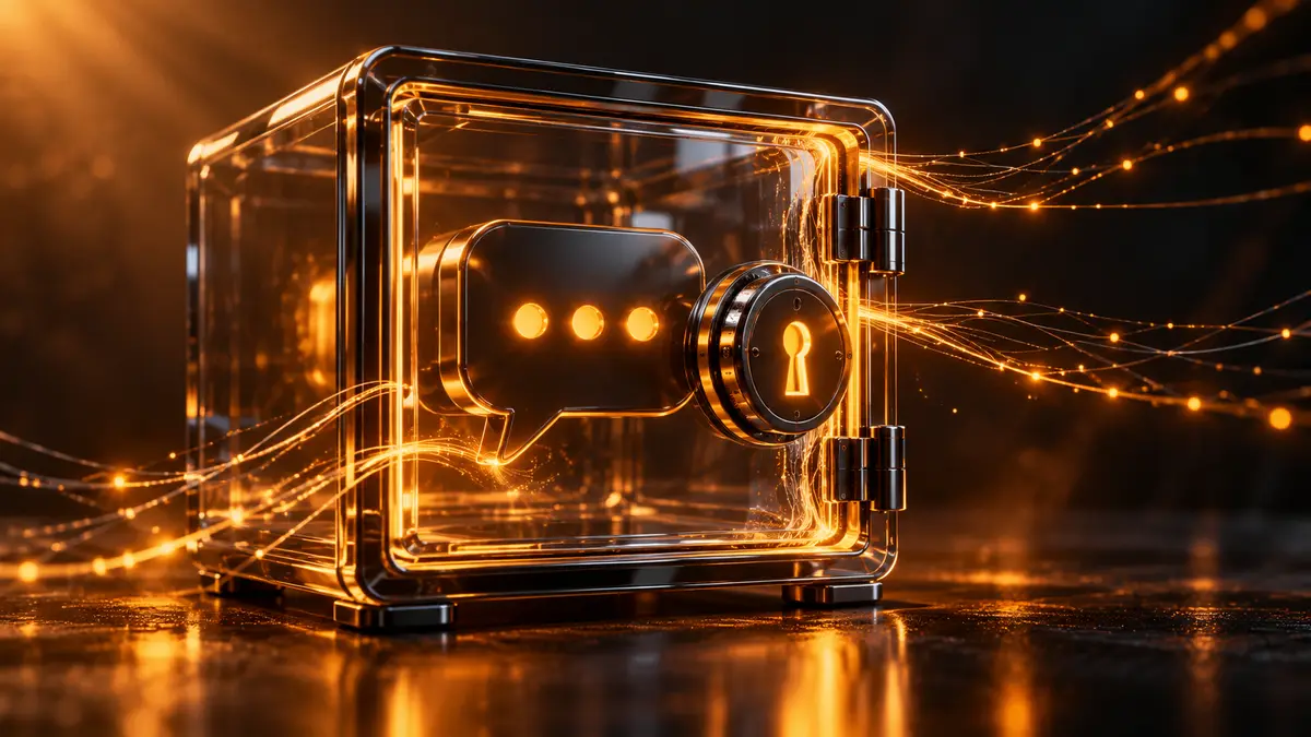 A glowing chat bubble locked inside a transparent safe with an amber keyhole, light threads escaping through the door seal