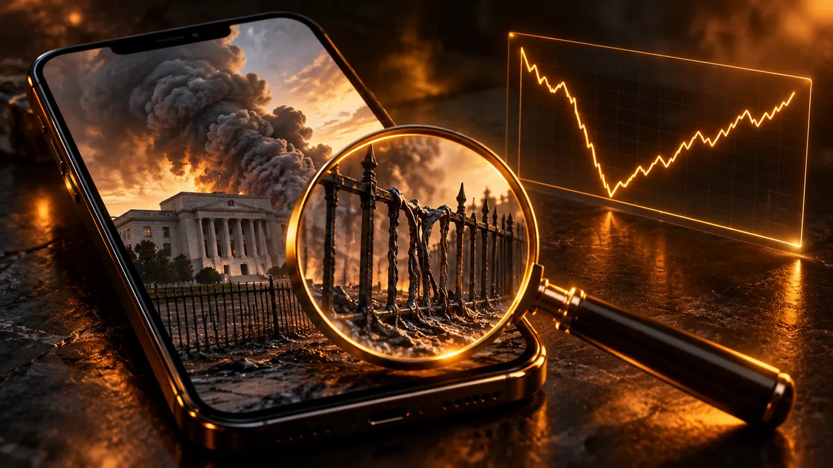 A smartphone showing a smoke plume beside a government building, a magnifying glass on a warped fence and a stock chart that dips then recovers.
