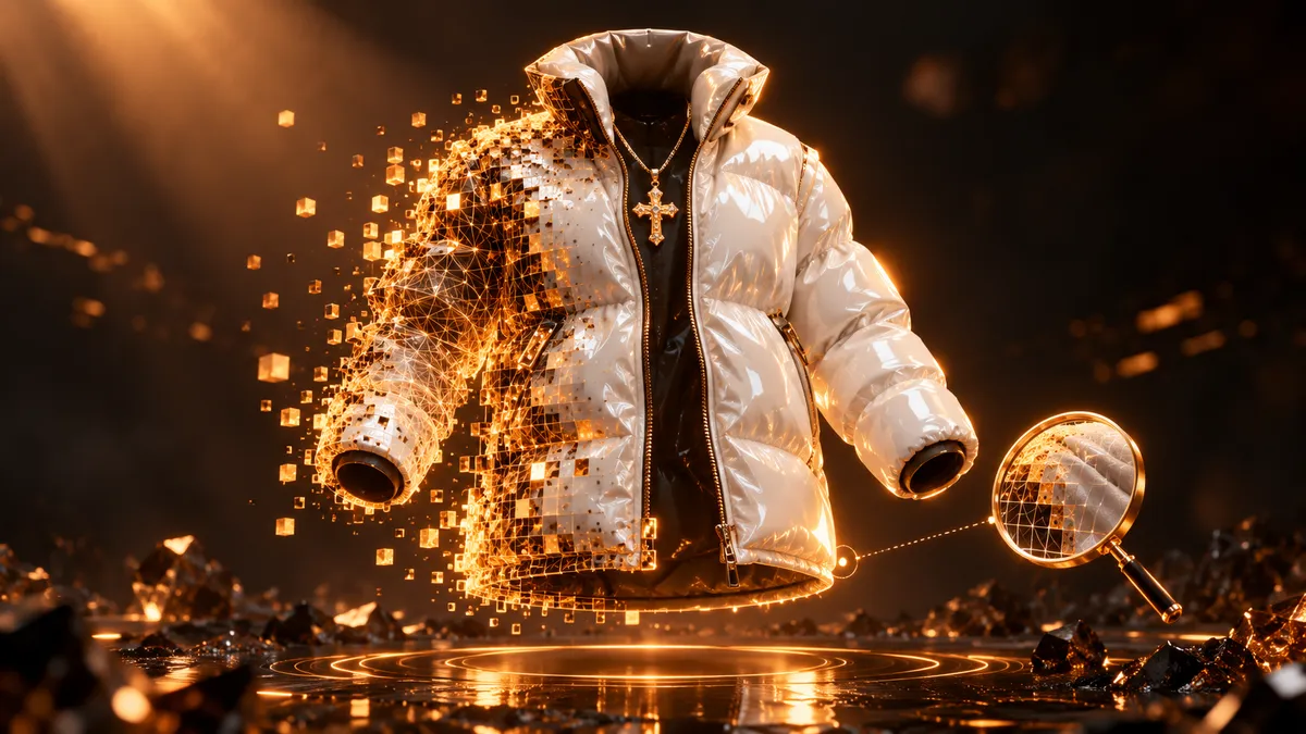A glossy white puffer jacket with a pendant cross floats in the dark, half of it dissolving into glowing amber pixels, a magnifying lens examining it