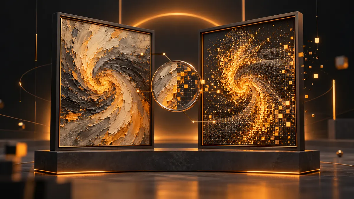 Two gallery frames on a dark plinth: on the left a swirling canvas with thick amber and grey brush strokes, on the right the same swirl rebuilt from glowing amber pixels and a wireframe mesh, with a magnifying lens between them