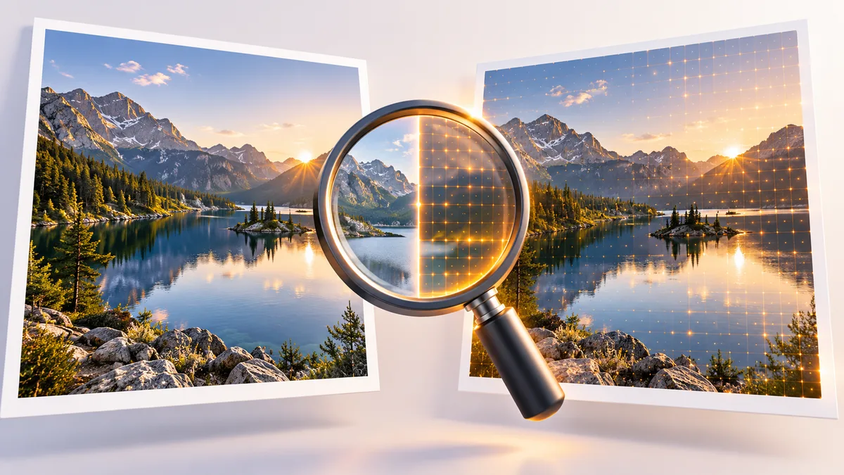 3D illustration of a magnifying glass held between two nearly identical photos of a mountain lake, one real and one with a faint glowing amber grid revealing it is generated.