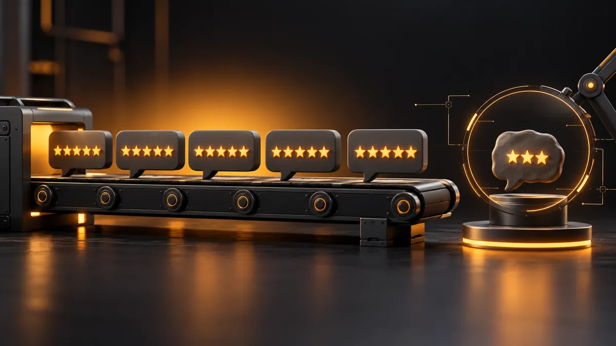 A dark conveyor belt carrying five identical speech bubbles, each with five glowing amber stars, coming out of a machine, and to the right a single irregular clay-like speech bubble with three stars on a pedestal inside a glowing inspection ring