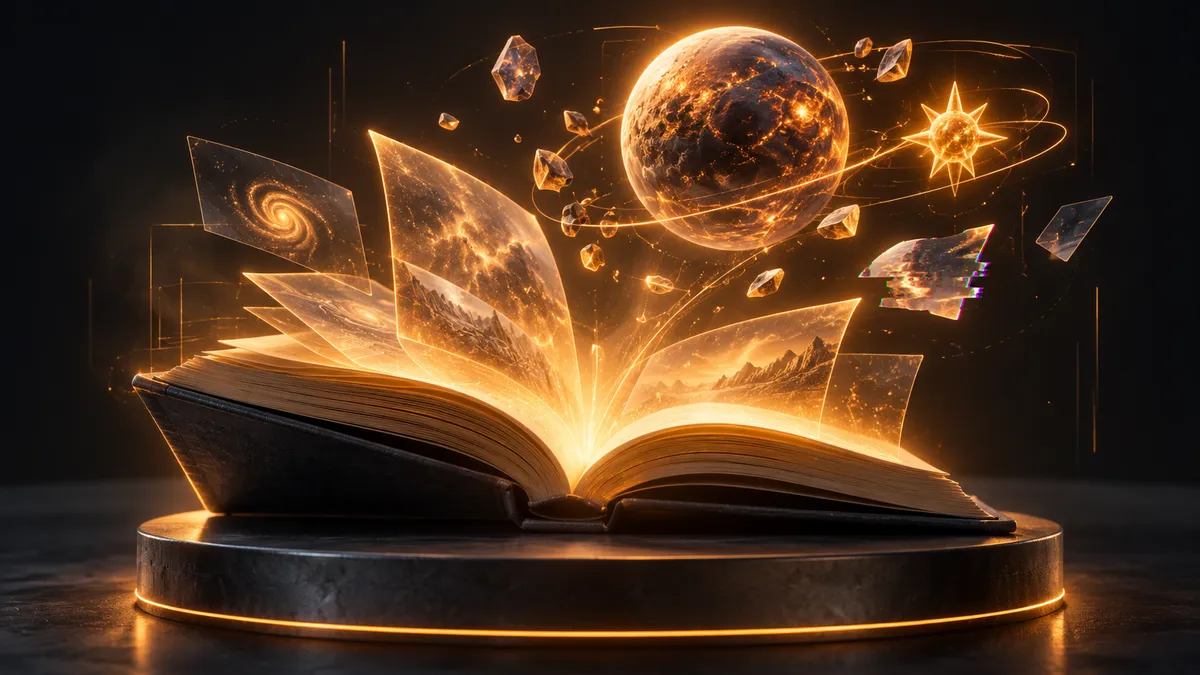 An open book on a dark pedestal whose glowing amber pages lift off as floating panels, surrounded by crystal shards, a planet and a star, with one glitched fragment out of place
