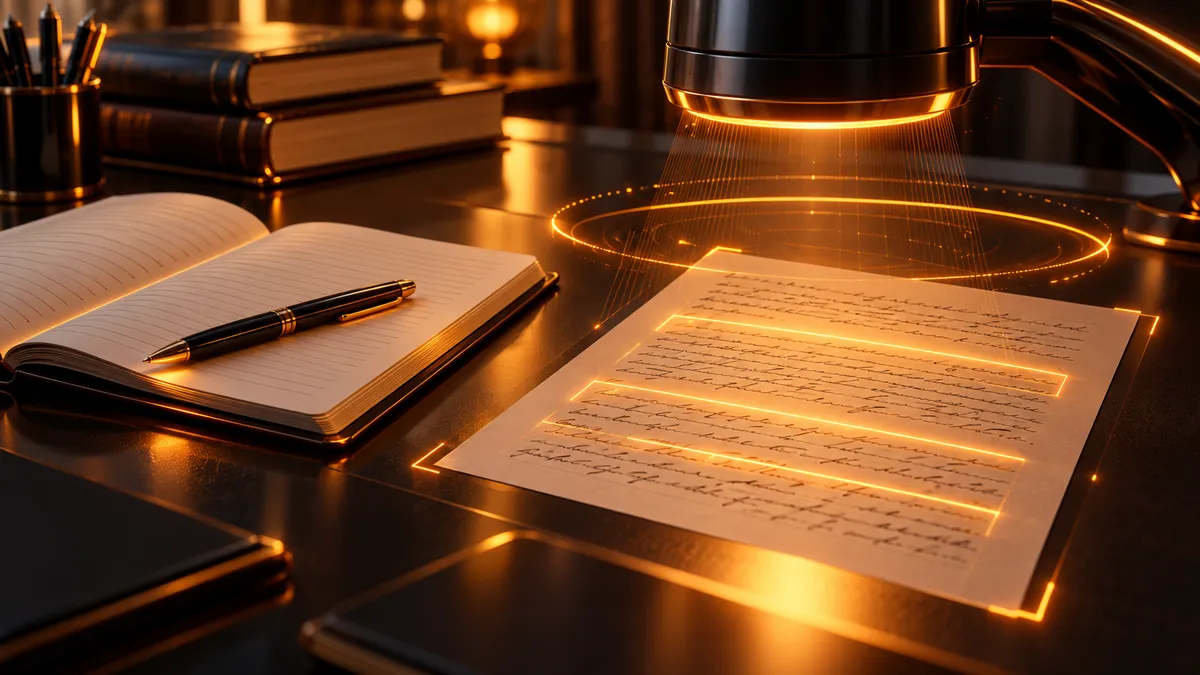 A school desk with an open notebook and a pen, and a sheet of handwritten homework lit by a glowing amber scanner ring.