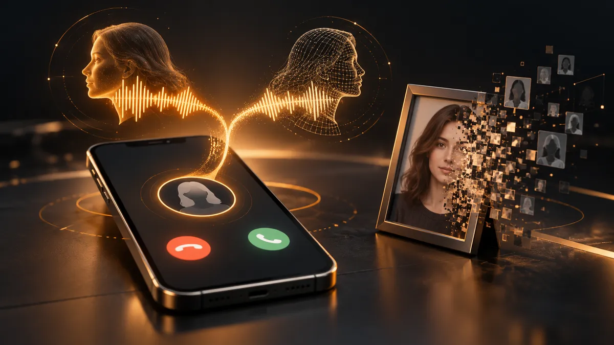 A smartphone showing an incoming call whose glowing amber voice wave splits into a human profile and a wireframe clone, next to a portrait photo frame dissolving into pixels.