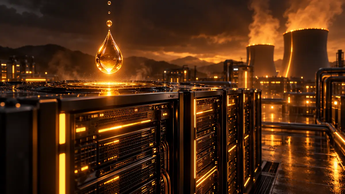 A single glowing water droplet falling above a row of server racks, with steaming cooling towers in the background