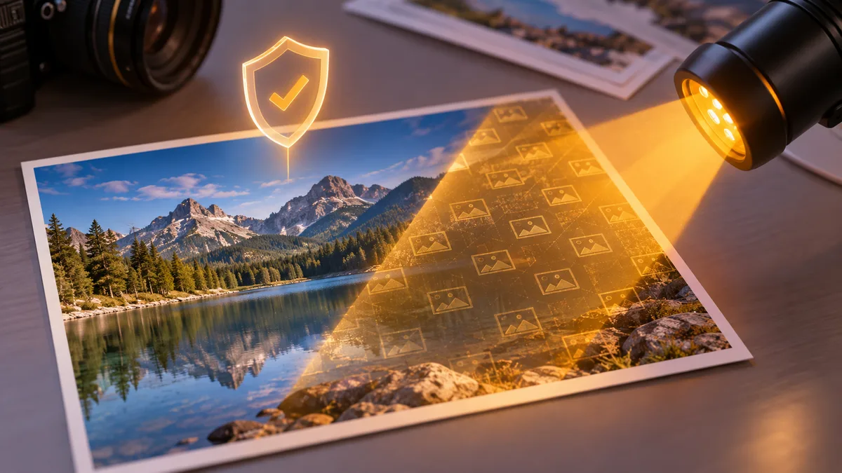 3D illustration of an amber light beam revealing a hidden watermark pattern on a landscape photo, with a shield icon above it.
