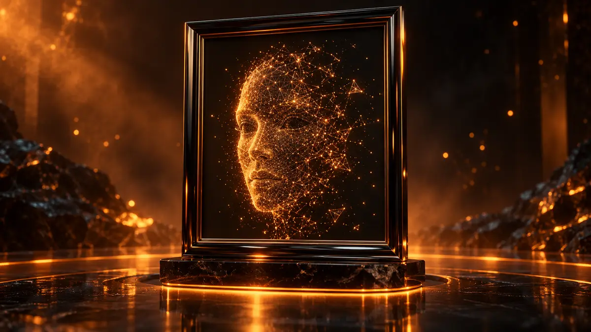 An empty black picture frame holding a glowing amber wireframe face made of scattered particles, its edges dissolving into the dark