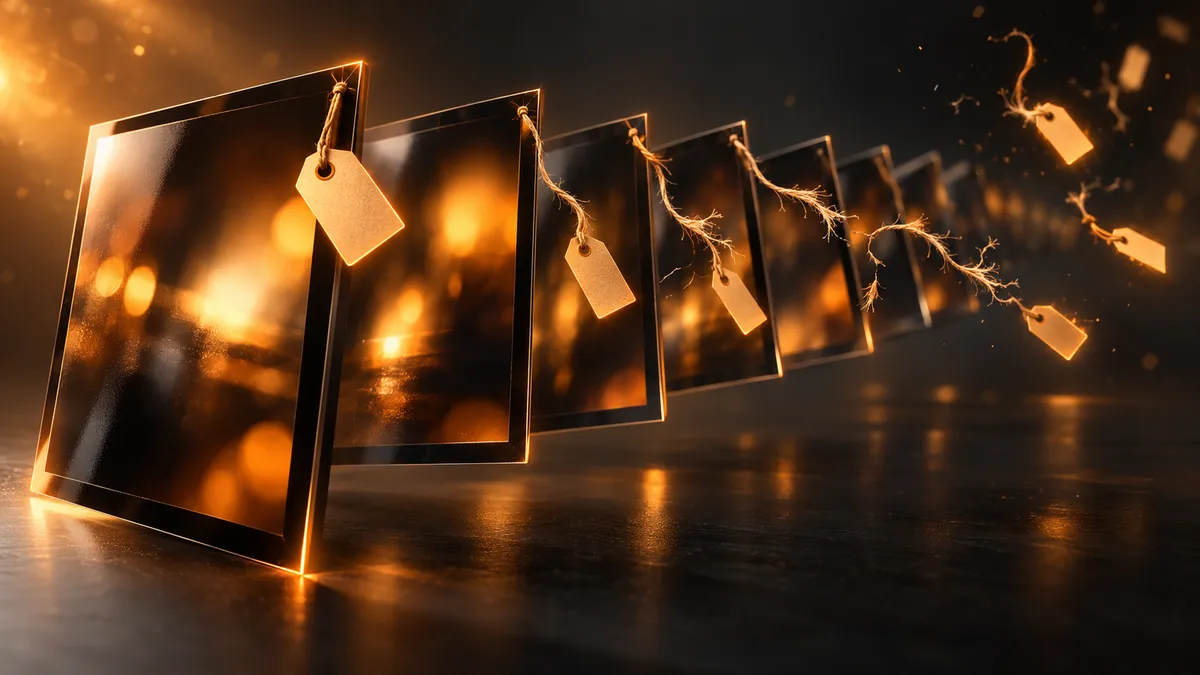 A row of glossy dark photo prints receding into the distance, each with an amber paper tag on a string that frays further along the row until the last tags float loose