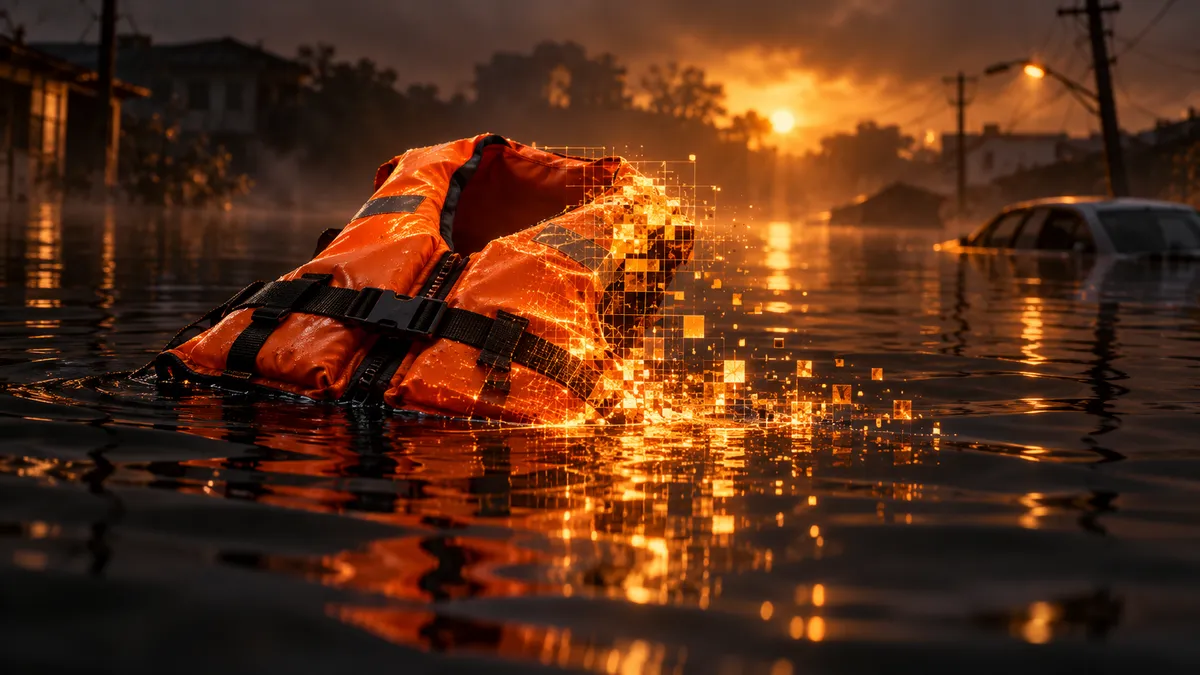 An orange life jacket floating on dark floodwater at dusk, half dissolving into glowing amber pixels, with a submerged street and car behind