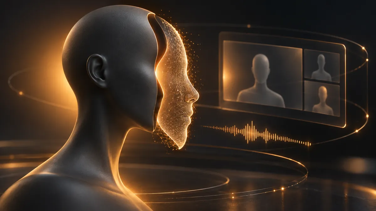 A faceless matte mannequin head in profile, half of its face peeling away as a translucent mask of glowing amber digital mesh, in front of a video-call screen and a sound wave.