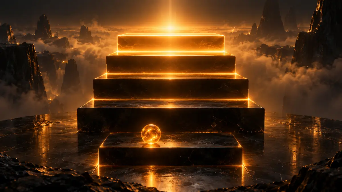 A staircase of five glowing amber steps rising into a dark misty landscape, with a small glowing sphere on the lowest step and a bright light at the top