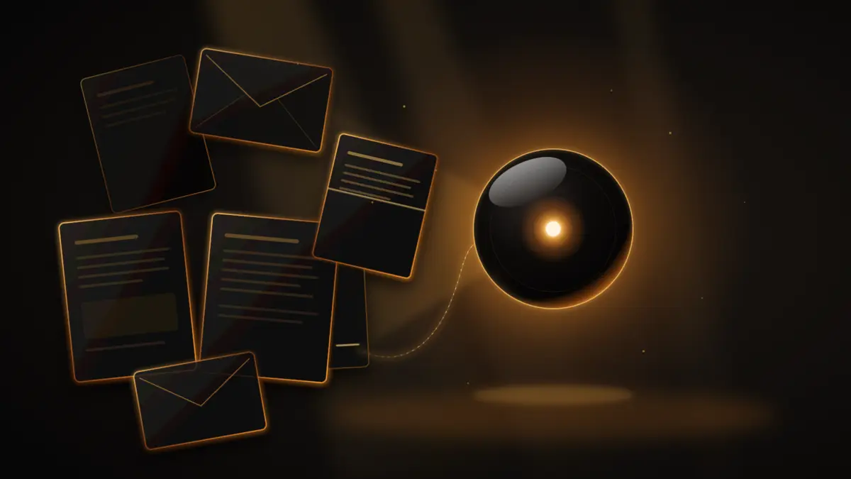 Glowing black orb drawing in a stack of floating documents and e-mails, one faint amber thread sneaking in like a hidden instruction