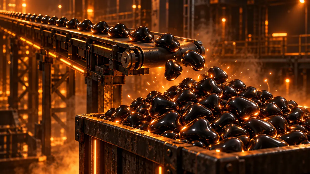 Glossy black blobs tumbling off an industrial conveyor belt into an overflowing bin, with amber sparks in a dark factory