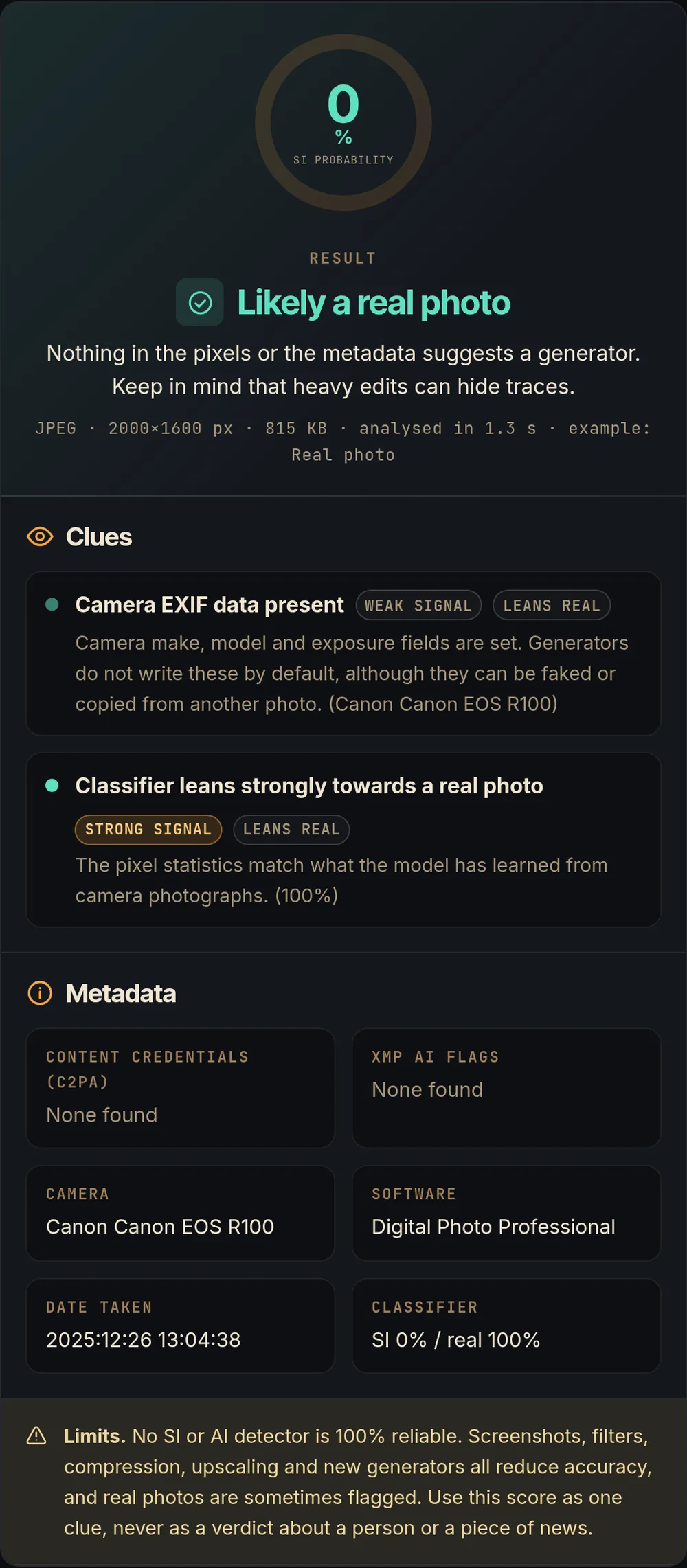 SI or Not result page for a camera photo of a red fox: 0% SI probability, verdict Likely a real photo, clues Camera EXIF data present and Classifier leans strongly towards a real photo, metadata showing a Canon EOS R100 and no C2PA or XMP flags.