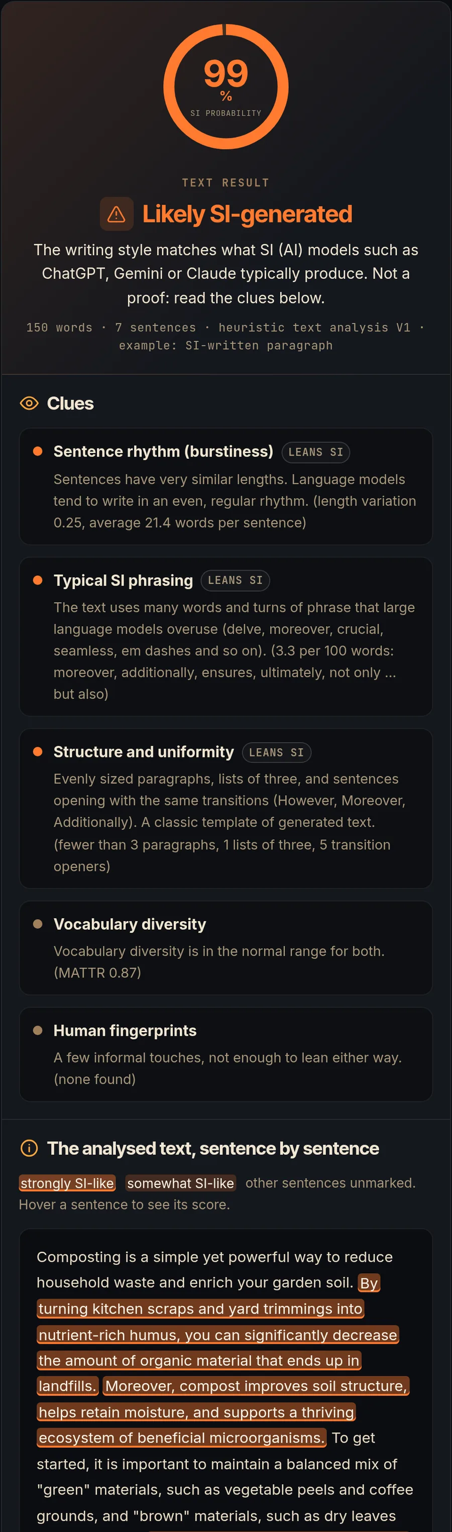 SI or Not text result: 99% SI probability, verdict Likely SI-generated, clues for sentence rhythm, typical SI phrasing and structure, and the three most SI-like sentences highlighted in orange.