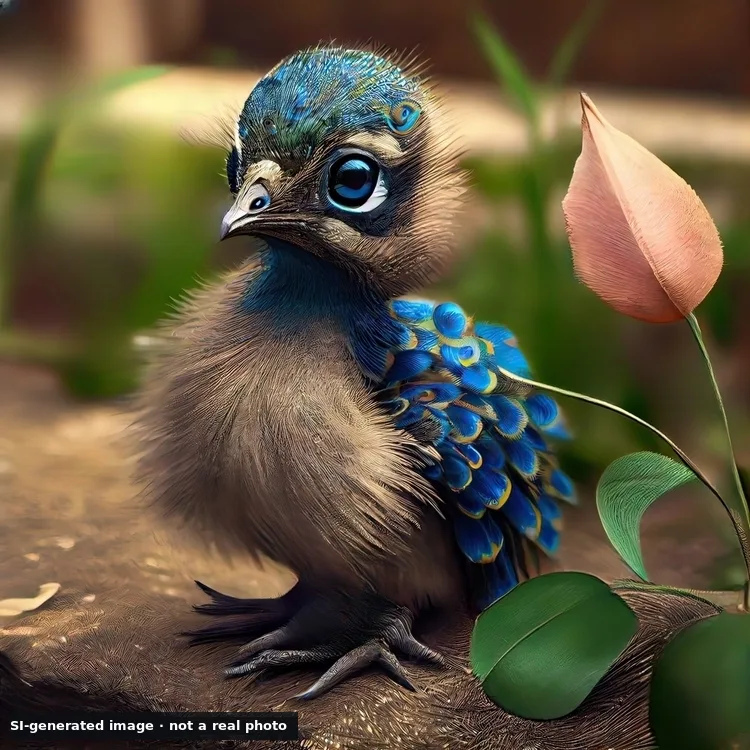 SI-generated image, not a real photo: a fluffy beige chick with a metallic blue head, an oversized blue eye and blue wing feathers standing next to a pink flower bud, with a small label reading SI-generated image, not a real photo