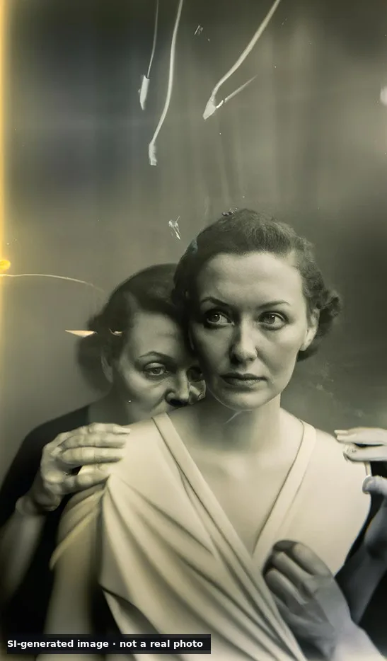 SI-generated image, not a real photo: a sepia portrait of two women, one standing behind the other, with hands resting on her shoulders, with a small label reading SI-generated image, not a real photo