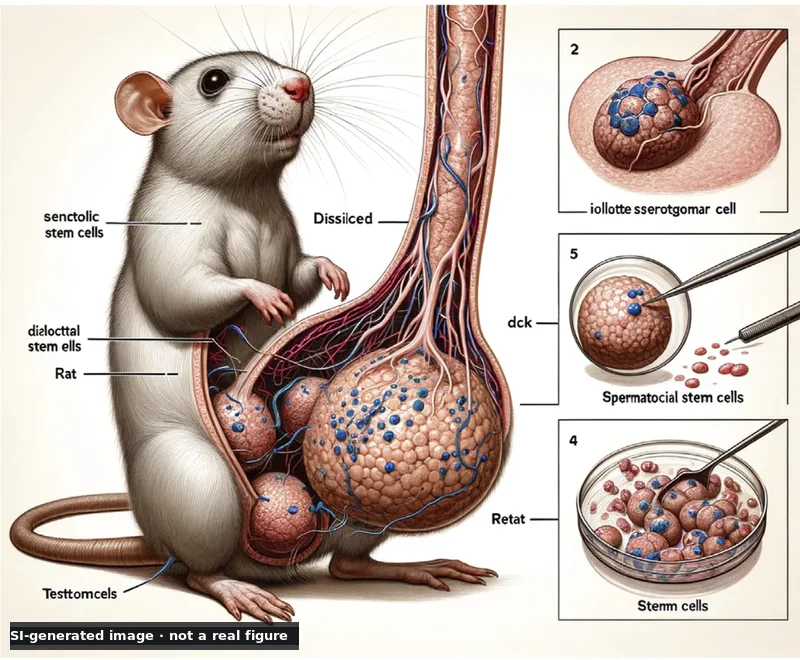 SI-generated image, not a real figure: a cartoon of a white rat sitting up, with a cutaway of oversized reproductive organs rising above its head, three numbered insets of cells in dishes on the right, and nonsense labels such as Testtomcels, Dissilced and dck, with a small label reading SI-generated image, not a real figure