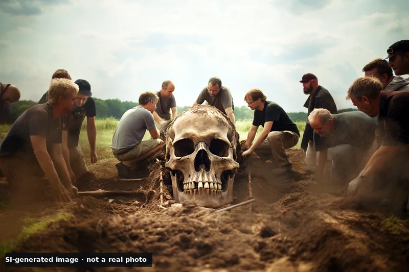 SI-generated image, not a real photo: about a dozen men kneel around a trench in a grassy field, where an enormous human skull with huge teeth lies in the earth, with a small label reading SI-generated image, not a real photo