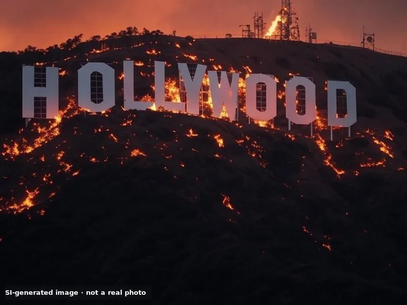 SI-generated image, not a real photo: the Hollywood sign on a dark hillside dotted with flames under an orange sky, with a small label reading SI-generated image, not a real photo