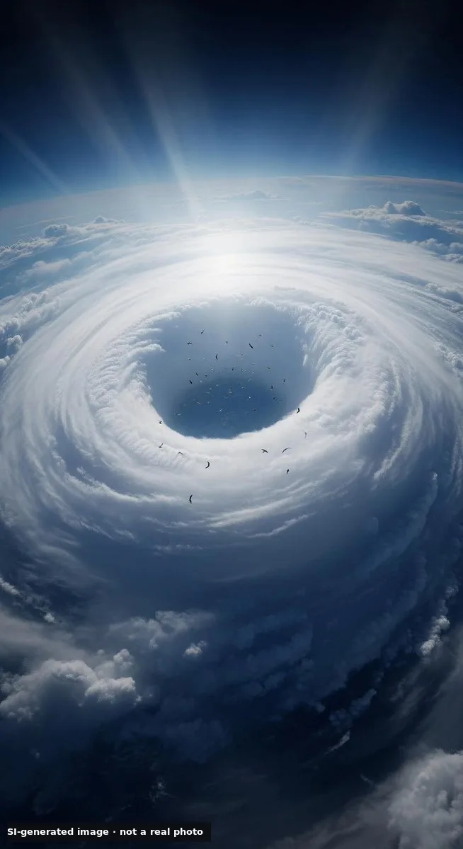 SI-generated image, not a real photo: a hurricane seen from very high above, a white spiral of cloud around a deep blue eye with dozens of dark bird shapes scattered inside and over the rim, and a small label reading SI-generated image, not a real photo