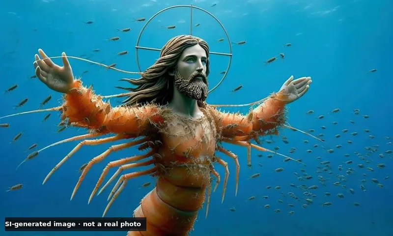 SI-generated image, not a real photo: a figure styled like a statue of Jesus with long hair, a beard and a wire halo, arms spread underwater, with the orange segmented body, legs and antennae of a shrimp, a shoal of small fish around him, and a small label reading SI-generated image, not a real photo