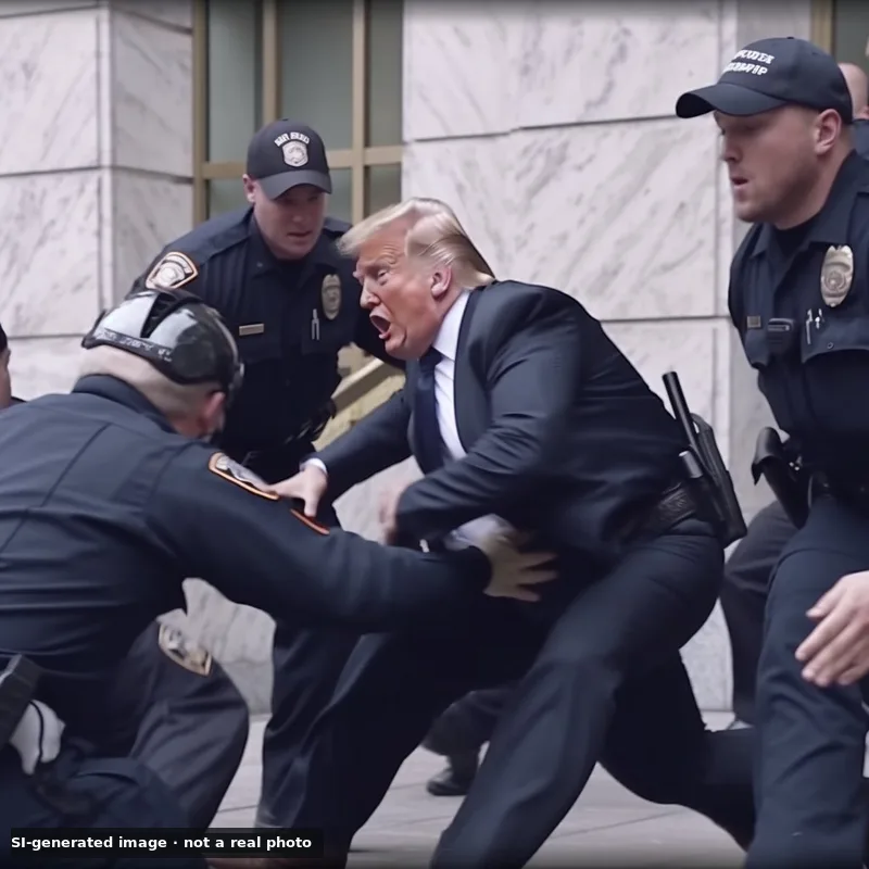 SI-generated image, not a real photo: a man in a dark suit and blue tie held by several uniformed officers in front of a marble building, with a small label reading SI-generated image, not a real photo