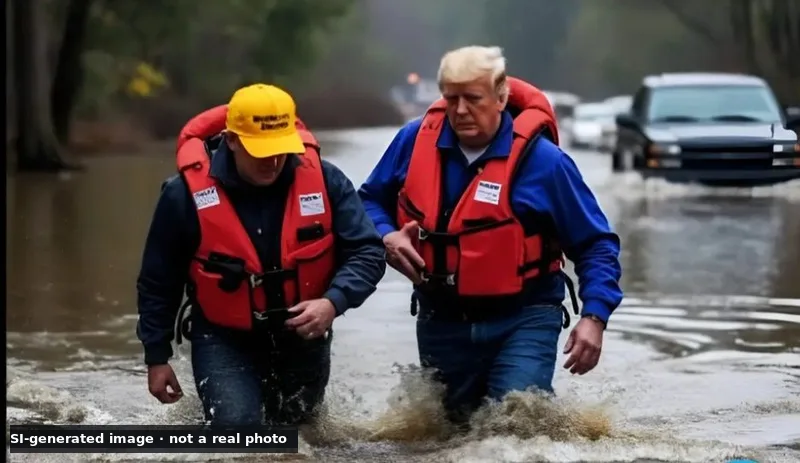 SI-generated image, not a real photo: two men in red life jackets wade through brown floodwater, one with Donald Trump's face in a blue shirt and jeans, the other in a yellow cap, with a pickup truck behind them and a small label reading SI-generated image, not a real photo